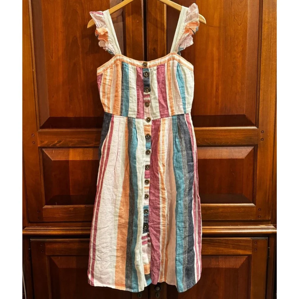 J.Crew 100% Linen Striped Midi Dress Ruffle Strap Button Front No Belt Size 2